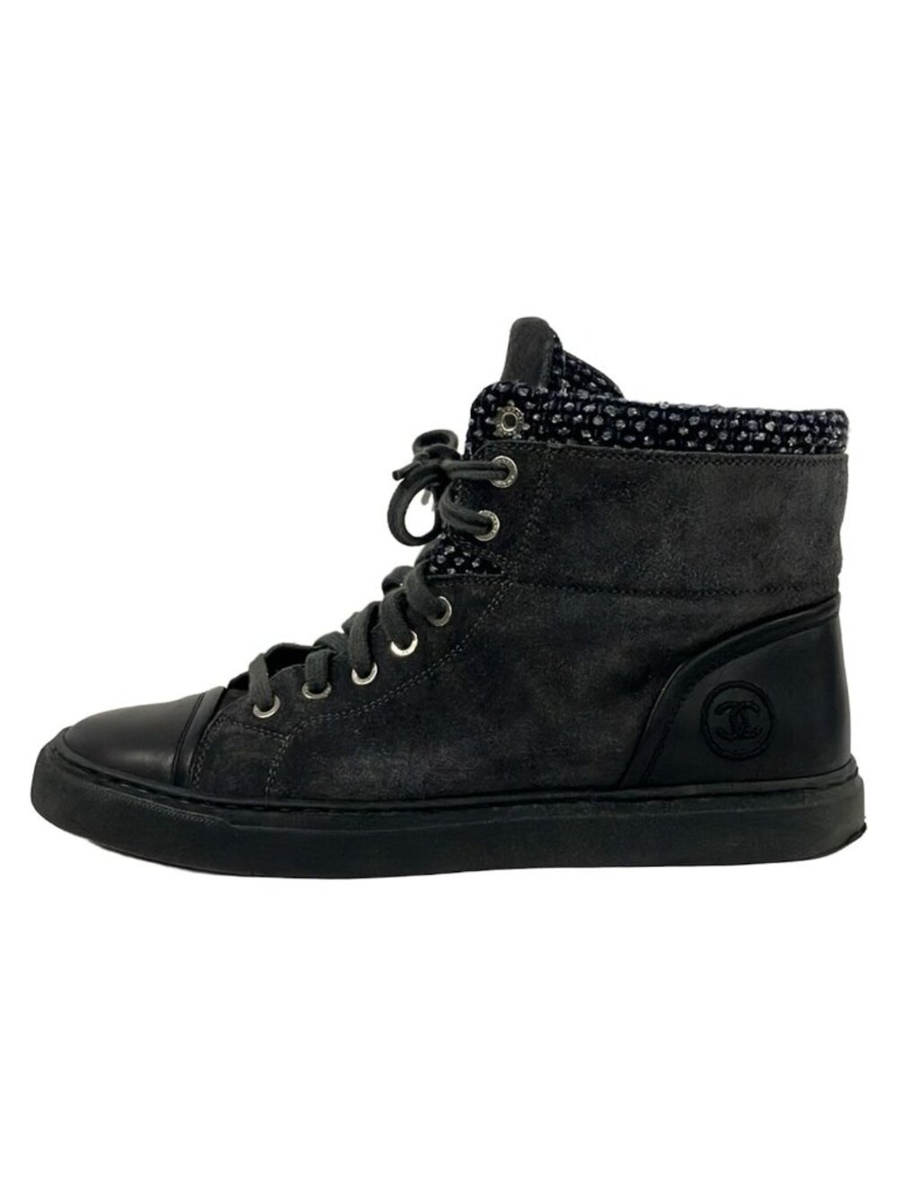 Chanel Short Boots Gray Black CC Logo Leather